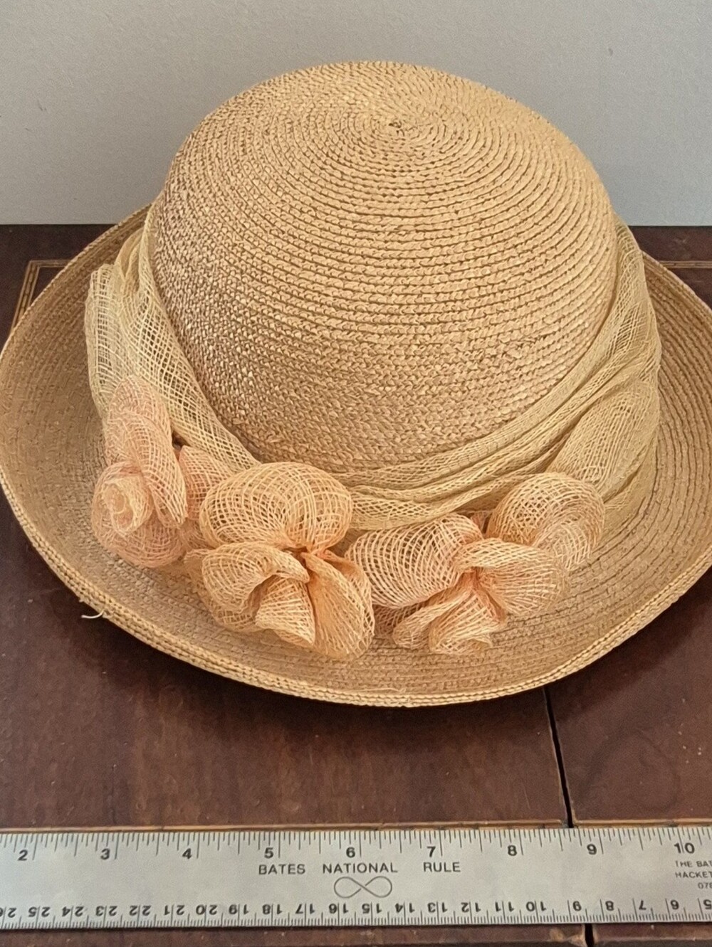 Liberty Tan Straw Cloche Hat with Peach Floral Trim